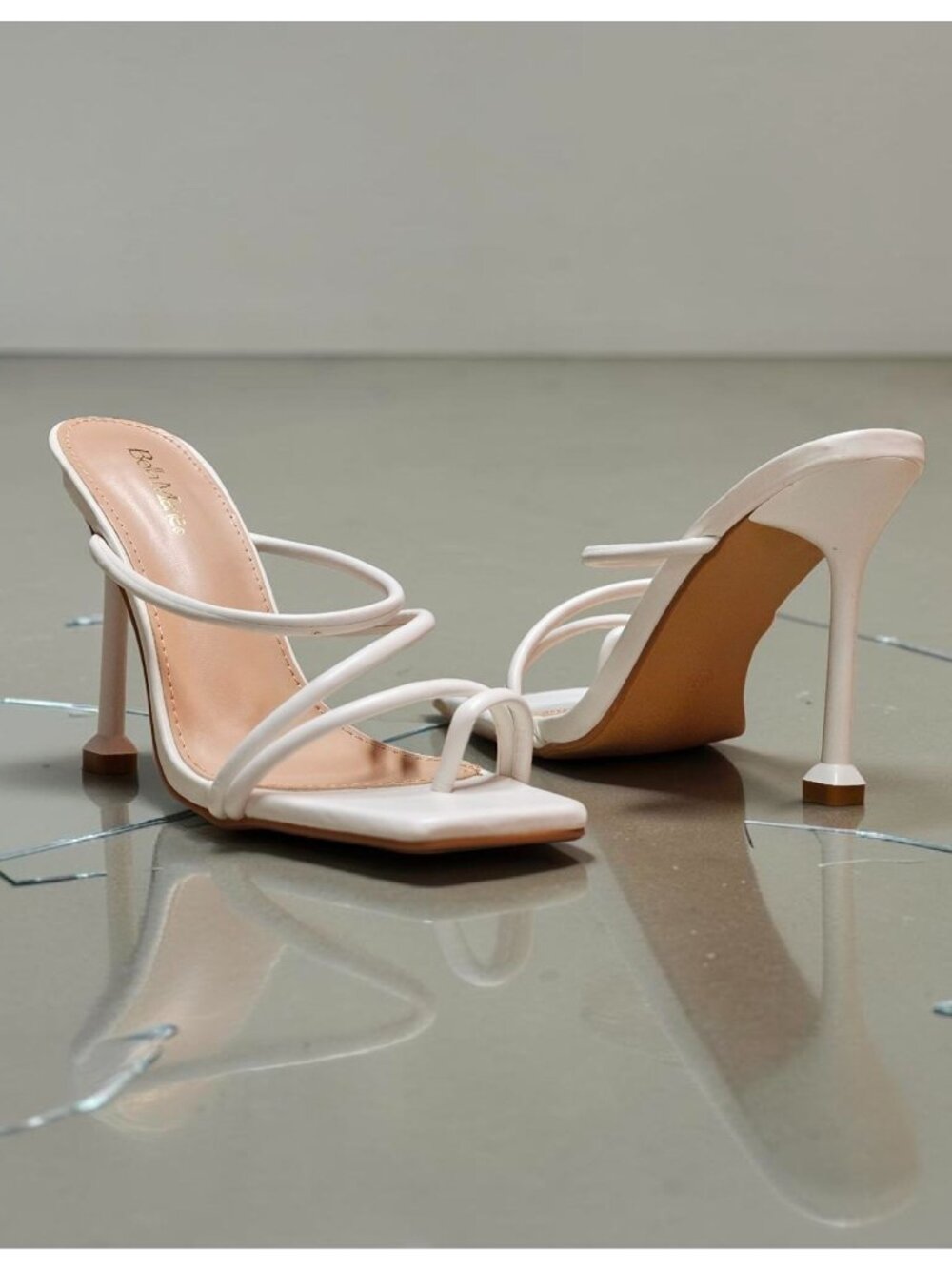 Strappy White High Heel Mules With Square Toe & Slim Stiletto Heels For Women